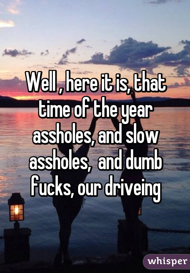 Well , here it is, that time of the year assholes, and slow assholes,  and dumb fucks, our driveing