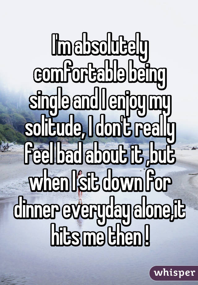 I'm absolutely comfortable being single and I enjoy my solitude, I don't really feel bad about it ,but when I sit down for dinner everyday alone,it hits me then !