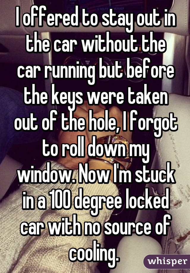 I offered to stay out in the car without the car running but before the keys were taken out of the hole, I forgot to roll down my window. Now I'm stuck in a 100 degree locked car with no source of cooling. 