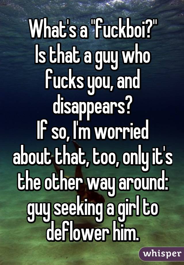 What's a "fuckboi?"
Is that a guy who fucks you, and disappears?
If so, I'm worried about that, too, only it's the other way around: guy seeking a girl to deflower him.