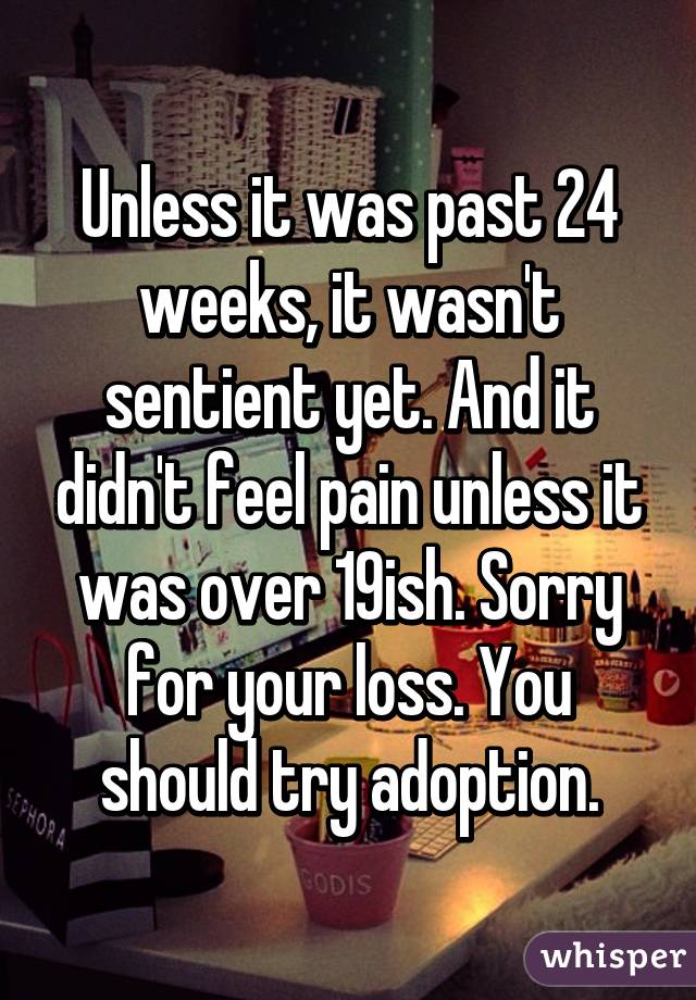 Unless it was past 24 weeks, it wasn't sentient yet. And it didn't feel pain unless it was over 19ish. Sorry for your loss. You should try adoption.