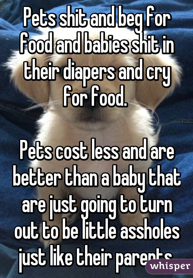 Pets shit and beg for food and babies shit in their diapers and cry for food. 

Pets cost less and are better than a baby that are just going to turn out to be little assholes just like their parents.