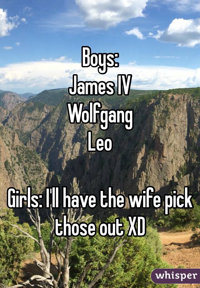 Boys:
 James IV
Wolfgang 
Leo

Girls: I'll have the wife pick those out XD 