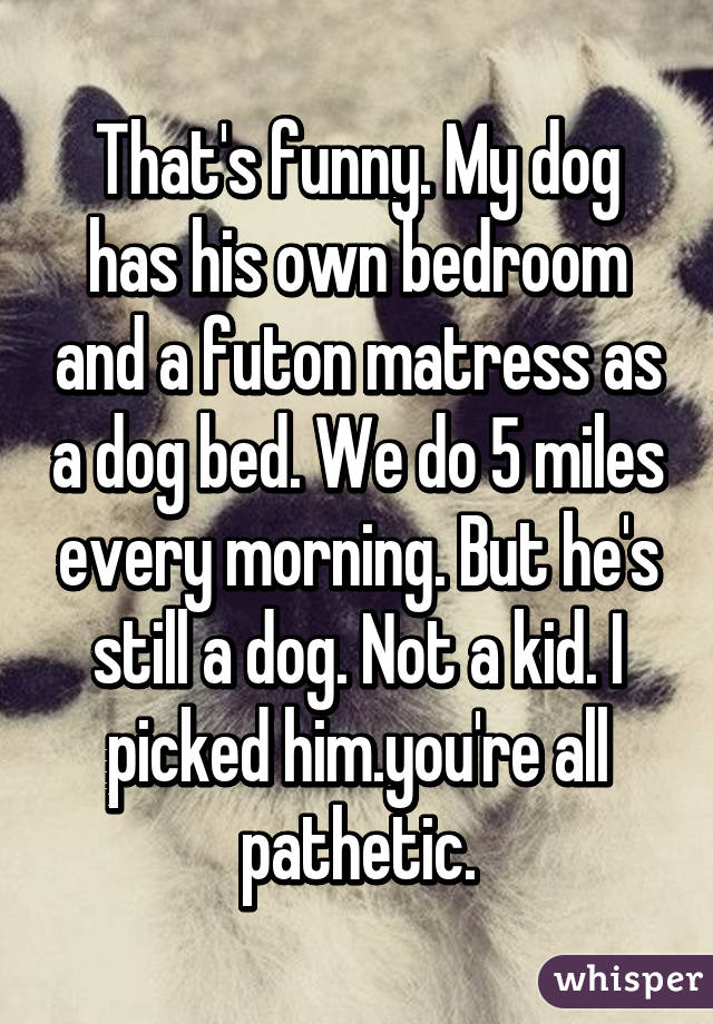 That's funny. My dog has his own bedroom and a futon matress as a dog bed. We do 5 miles every morning. But he's still a dog. Not a kid. I picked him.you're all pathetic.