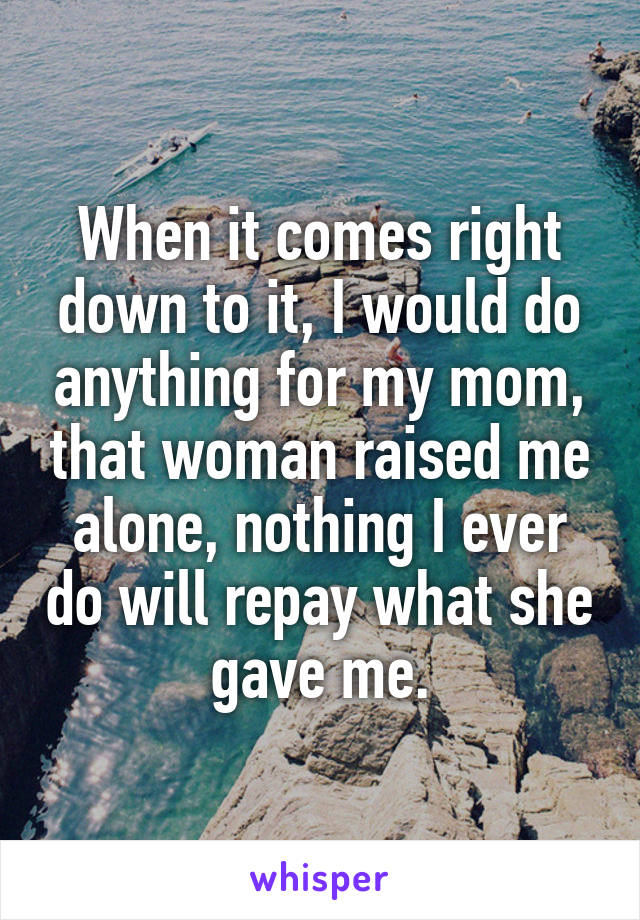 When it comes right down to it, I would do anything for my mom, that woman raised me alone, nothing I ever do will repay what she gave me.
