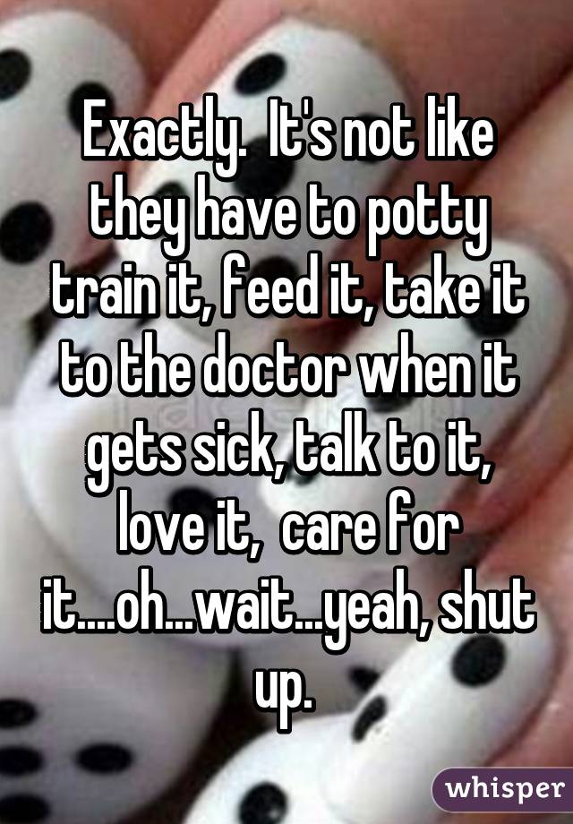 Exactly.  It's not like they have to potty train it, feed it, take it to the doctor when it gets sick, talk to it, love it,  care for it....oh...wait...yeah, shut up. 