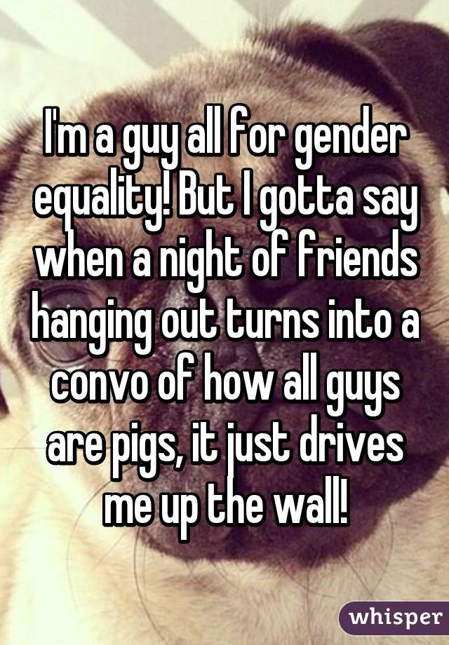 I'm a guy all for gender equality! But I gotta say when a night of friends hanging out turns into a convo of how all guys are pigs, it just drives me up the wall!
