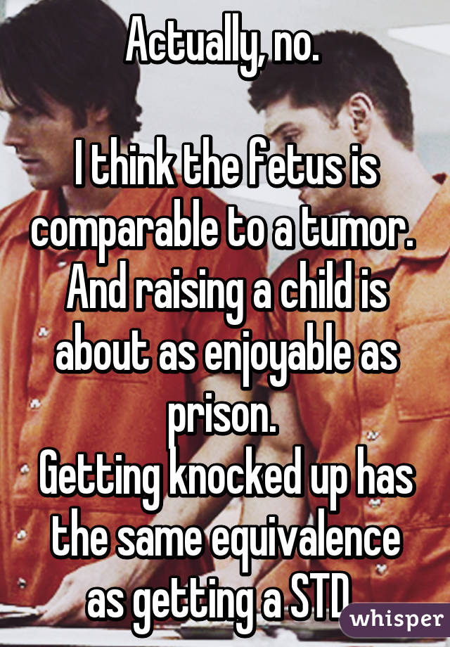 Actually, no. 

I think the fetus is comparable to a tumor. 
And raising a child is about as enjoyable as prison. 
Getting knocked up has the same equivalence as getting a STD. 