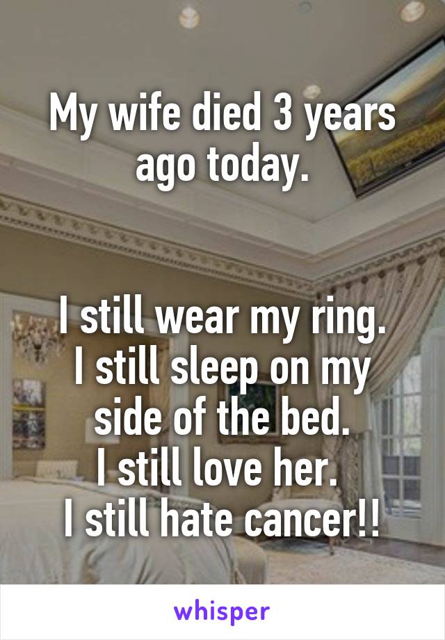My wife died 3 years ago today.


I still wear my ring.
I still sleep on my side of the bed.
I still love her. 
I still hate cancer!!