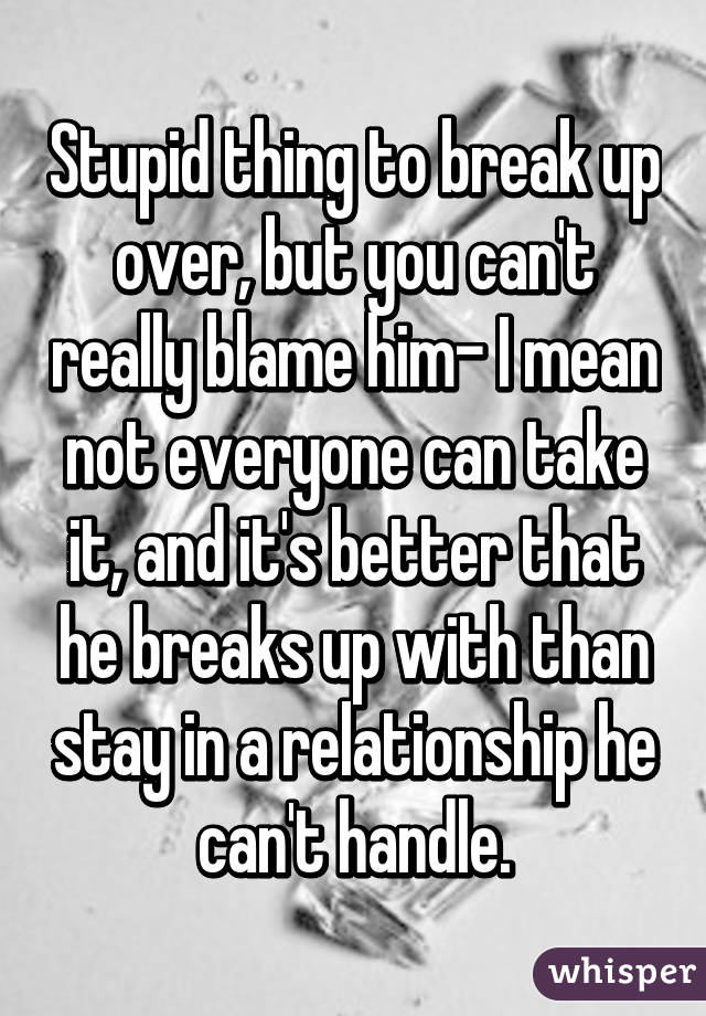 Stupid thing to break up over, but you can't really blame him- I mean not everyone can take it, and it's better that he breaks up with than stay in a relationship he can't handle.