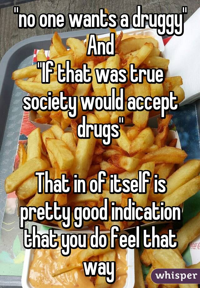 "no one wants a druggy"
And
"If that was true society would accept drugs"

That in of itself is pretty good indication that you do feel that way 