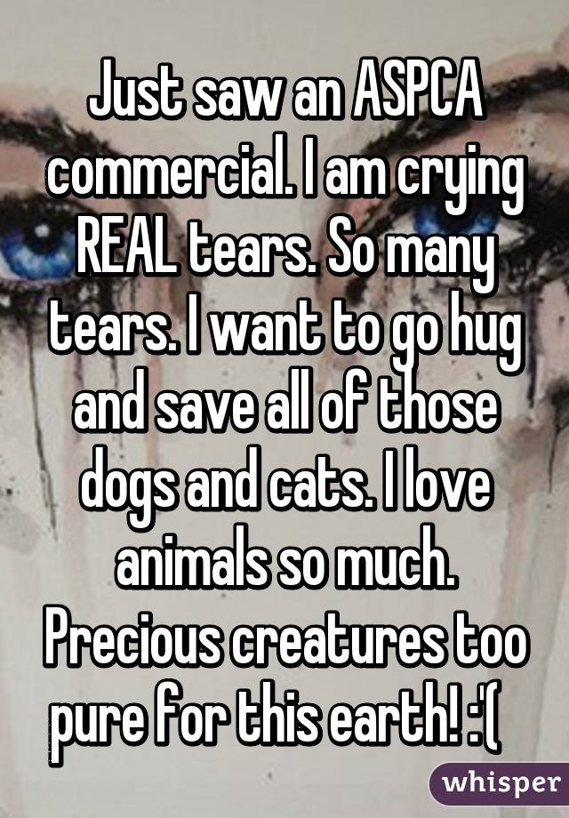 Just saw an ASPCA commercial. I am crying REAL tears. So many tears. I want to go hug and save all of those dogs and cats. I love animals so much. Precious creatures too pure for this earth! :'(  