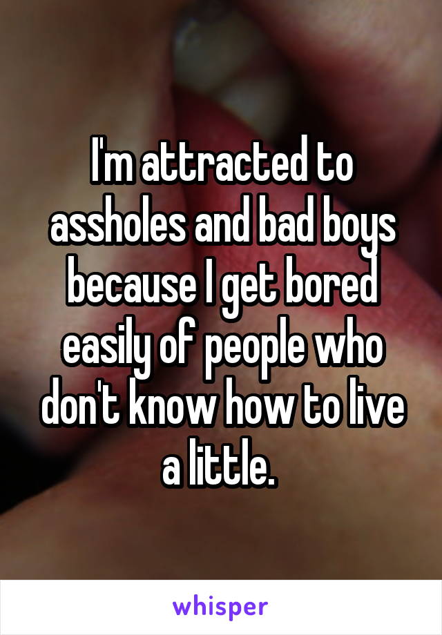I'm attracted to assholes and bad boys because I get bored easily of people who don't know how to live a little. 