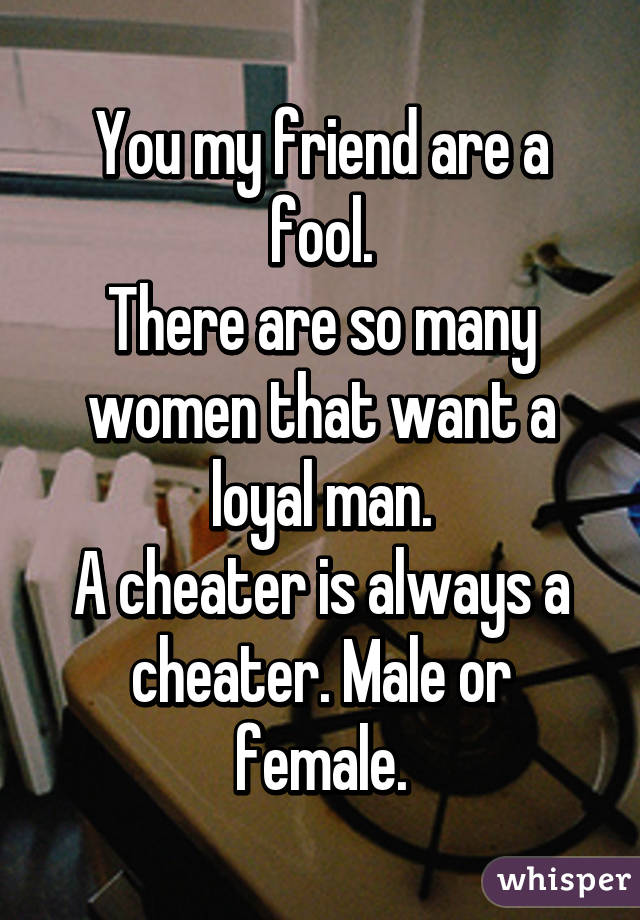 You my friend are a fool.
There are so many women that want a loyal man.
A cheater is always a cheater. Male or female.