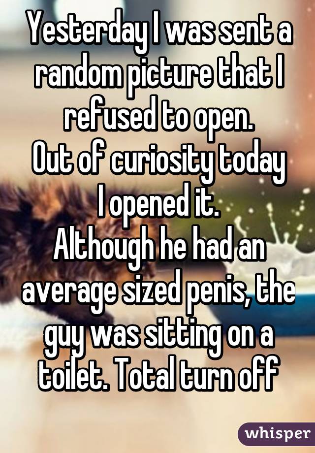 Yesterday I was sent a random picture that I refused to open.
Out of curiosity today I opened it.
Although he had an average sized penis, the guy was sitting on a toilet. Total turn off
