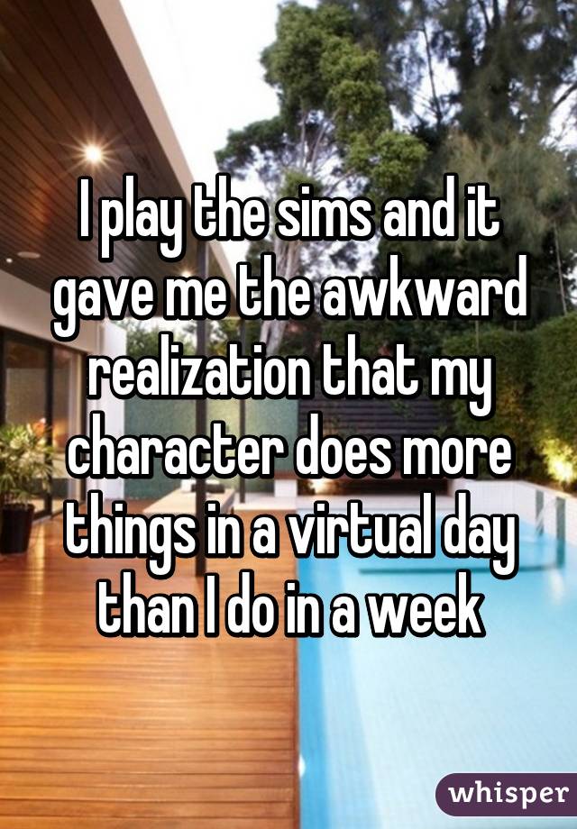 I play the sims and it gave me the awkward realization that my character does more things in a virtual day than I do in a week