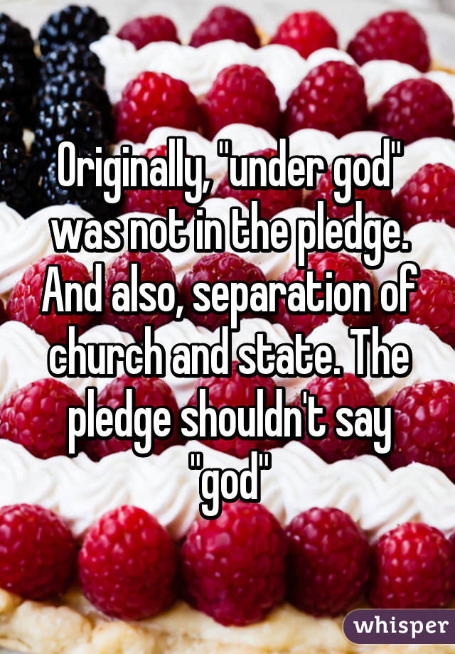 Originally, "under god" was not in the pledge. And also, separation of church and state. The pledge shouldn't say "god"