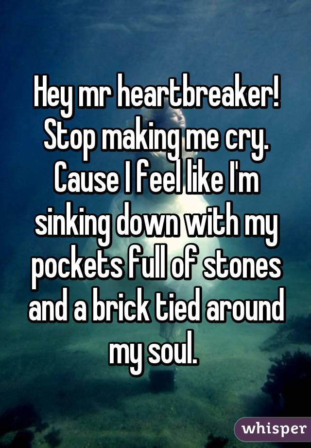 Hey mr heartbreaker! Stop making me cry. Cause I feel like I'm sinking down with my pockets full of stones and a brick tied around my soul. 