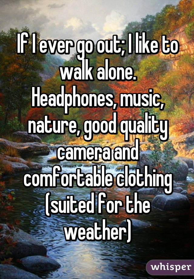 If I ever go out; I like to walk alone.
Headphones, music, nature, good quality camera and comfortable clothing (suited for the weather)