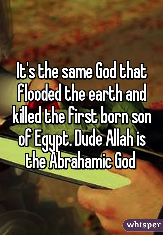It's the same God that flooded the earth and killed the first born son of Egypt. Dude Allah is the Abrahamic God 