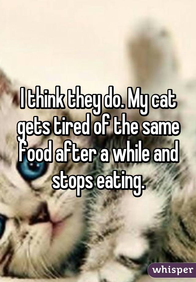 I think they do. My cat gets tired of the same food after a while and stops eating.