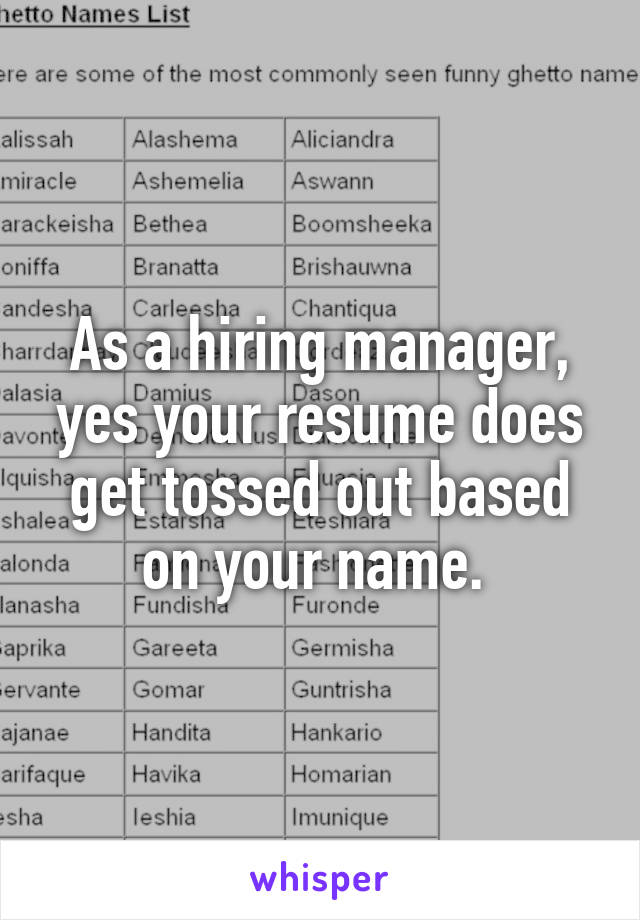 As a hiring manager, yes your resume does get tossed out based on your name. 