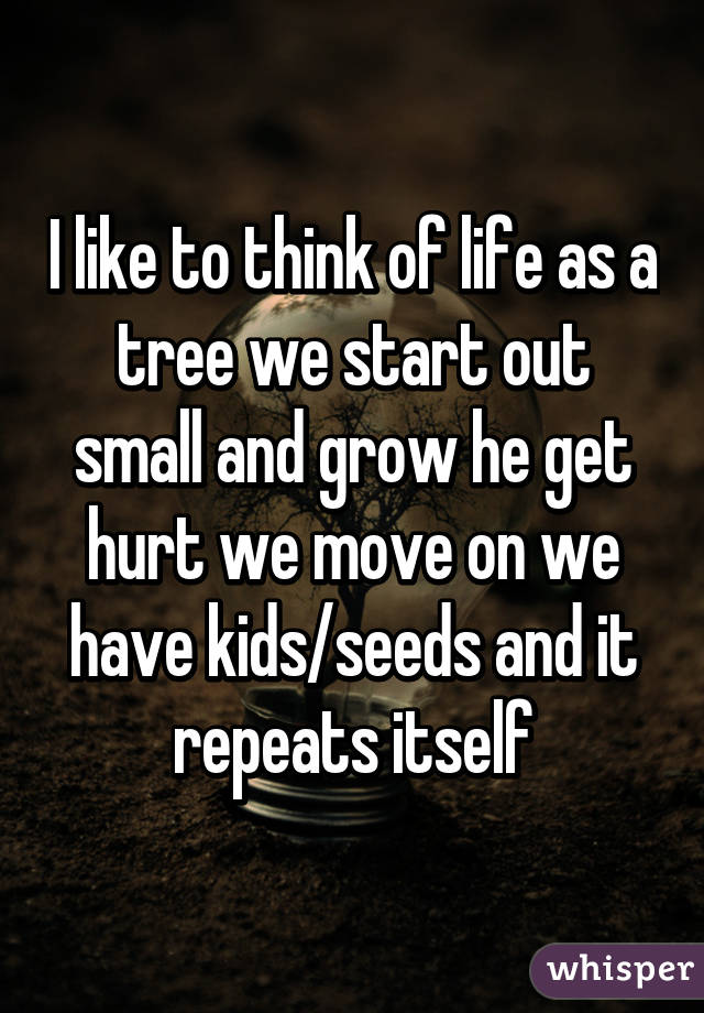 I like to think of life as a tree we start out small and grow he get hurt we move on we have kids/seeds and it repeats itself