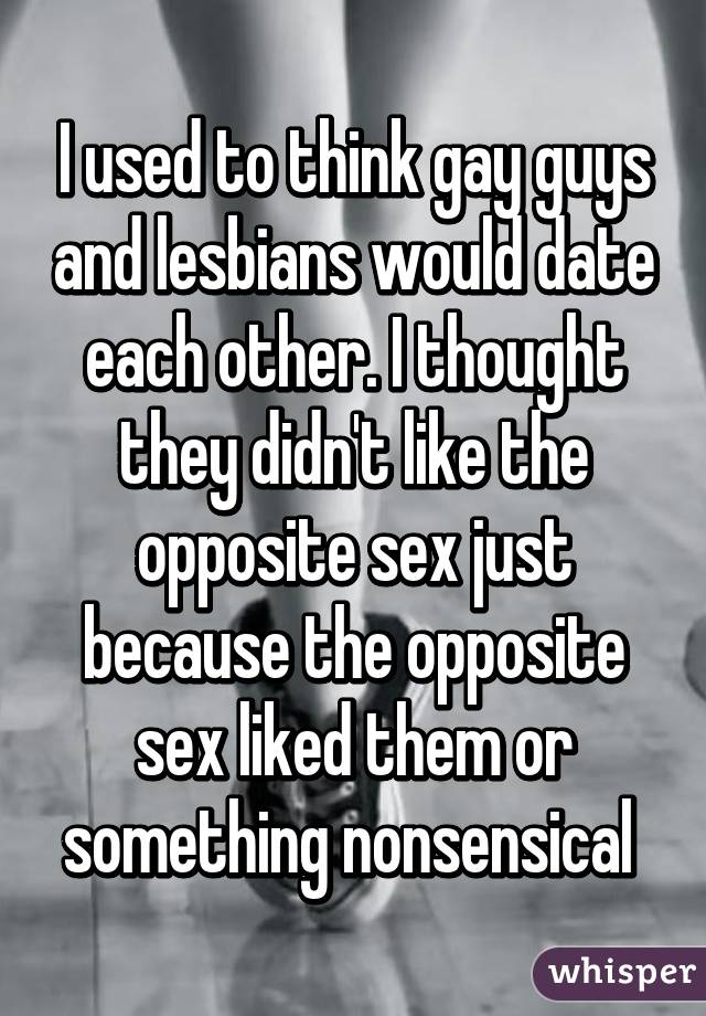 I used to think gay guys and lesbians would date each other. I thought they didn't like the opposite sex just because the opposite sex liked them or something nonsensical 