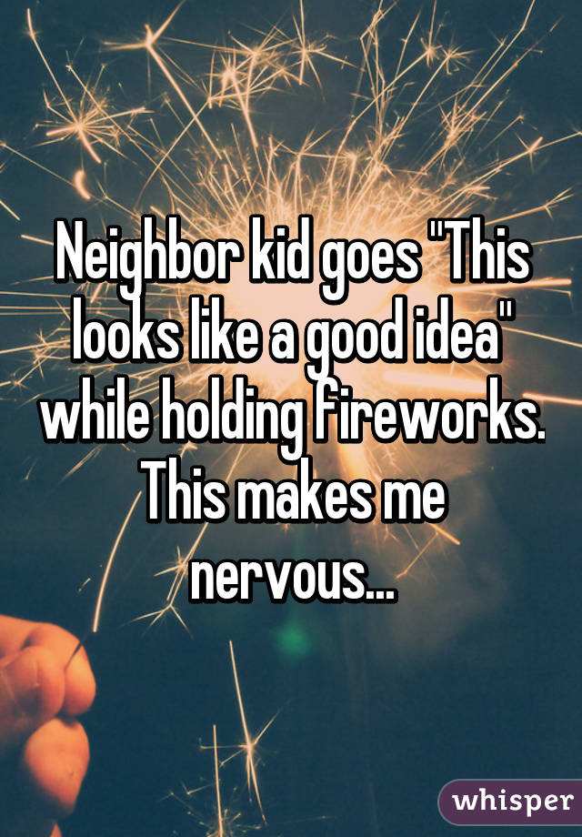 Neighbor kid goes "This looks like a good idea" while holding fireworks. This makes me nervous...