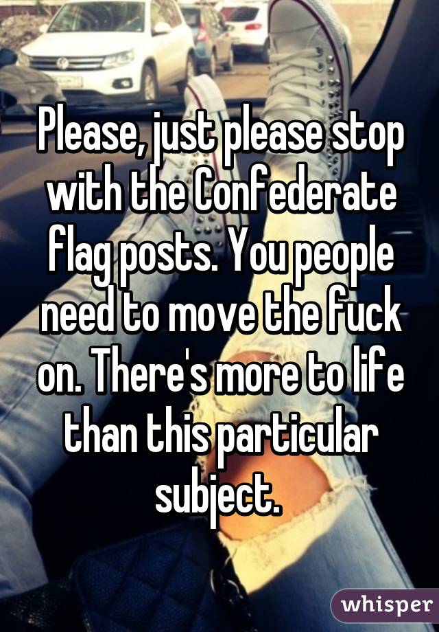 Please, just please stop with the Confederate flag posts. You people need to move the fuck on. There's more to life than this particular subject. 