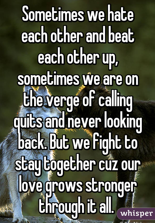 Sometimes we hate each other and beat each other up, sometimes we are on the verge of calling quits and never looking back. But we fight to stay together cuz our love grows stronger through it all. 