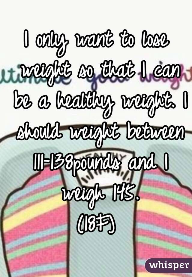 I only want to lose weight so that I can be a healthy weight. I should weight between 111-138pounds and I weigh 145.
(18F)
