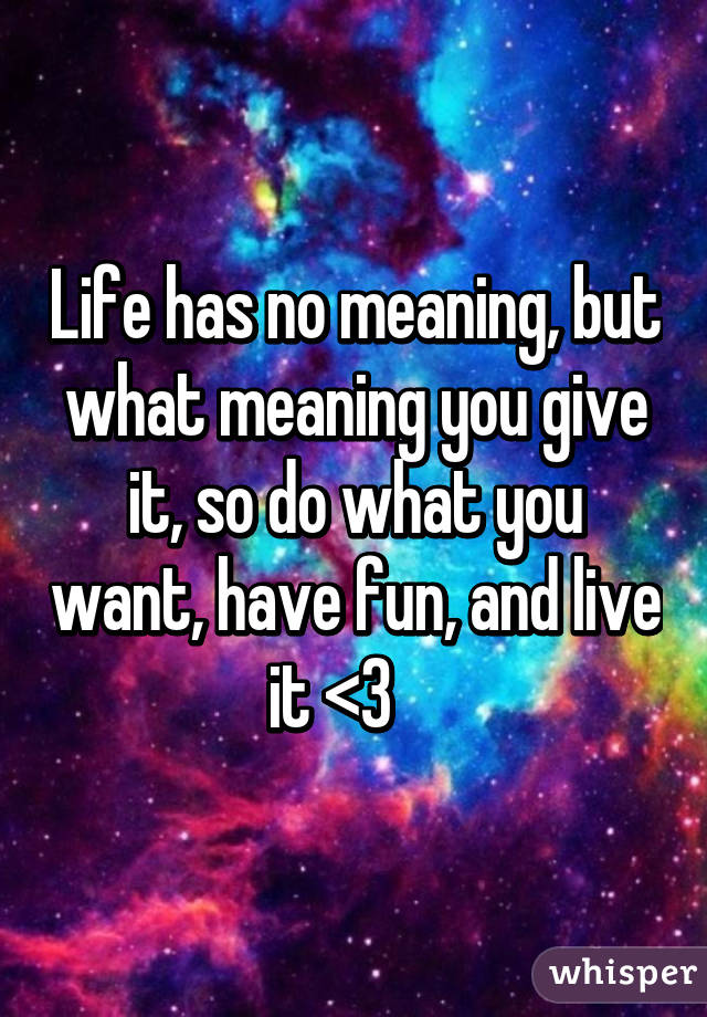 Life has no meaning, but what meaning you give it, so do what you want, have fun, and live it <3    