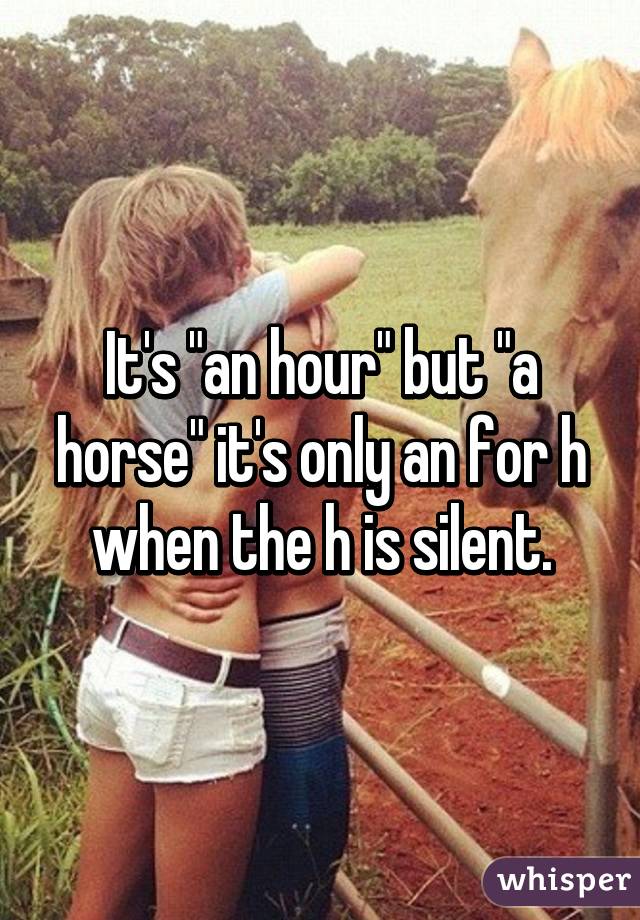 It's "an hour" but "a horse" it's only an for h when the h is silent.