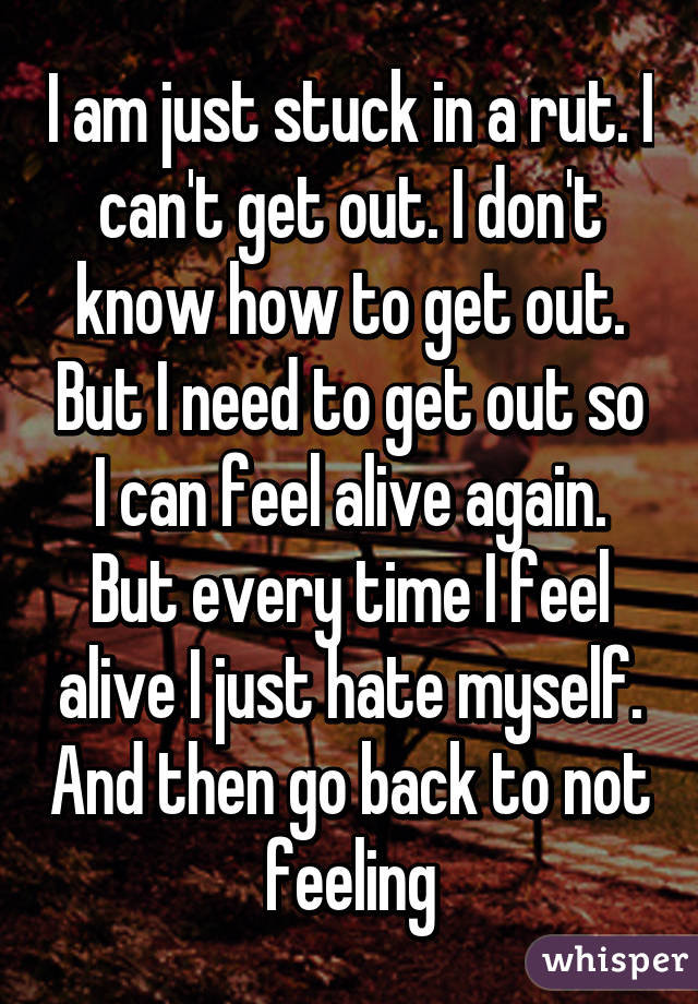 I am just stuck in a rut. I can't get out. I don't know how to get out. But I need to get out so I can feel alive again. But every time I feel alive I just hate myself. And then go back to not feeling