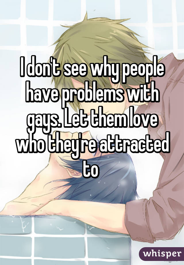 I don't see why people have problems with gays. Let them love who they're attracted to 
