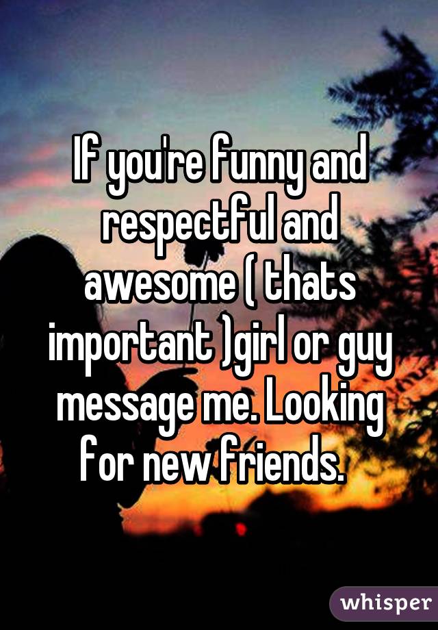 If you're funny and respectful and awesome ( thats important )girl or guy message me. Looking for new friends.  