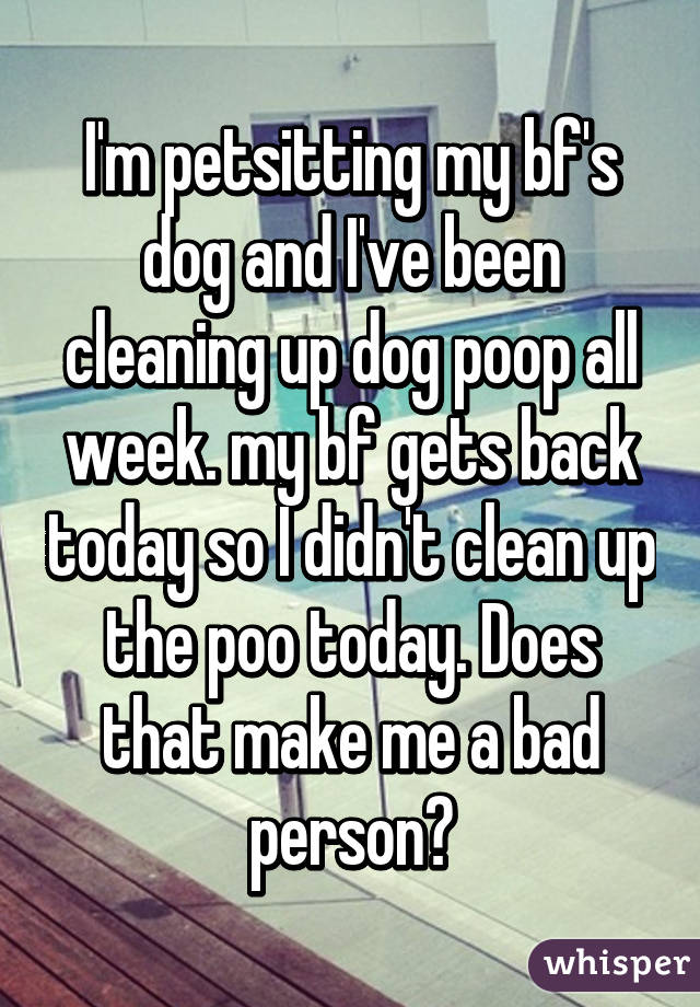 I'm petsitting my bf's dog and I've been cleaning up dog poop all week. my bf gets back today so I didn't clean up the poo today. Does that make me a bad person?