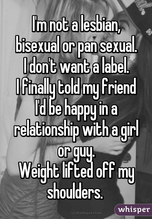 I'm not a lesbian, bisexual or pan sexual.
I don't want a label.
I finally told my friend I'd be happy in a relationship with a girl or guy.
Weight lifted off my shoulders. 