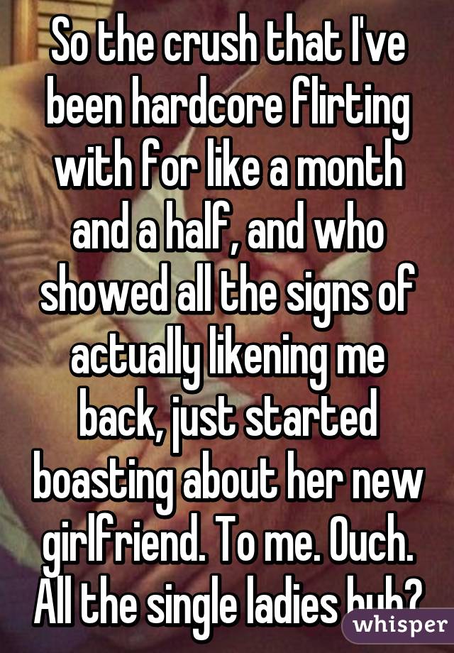 So the crush that I've been hardcore flirting with for like a month and a half, and who showed all the signs of actually likening me back, just started boasting about her new girlfriend. To me. Ouch. All the single ladies huh?