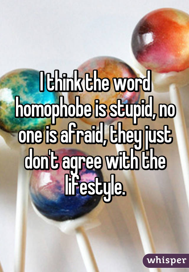 I think the word homophobe is stupid, no one is afraid, they just don't agree with the lifestyle.