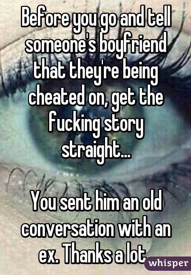 Before you go and tell someone's boyfriend that they're being cheated on, get the fucking story straight...

You sent him an old conversation with an ex. Thanks a lot. 