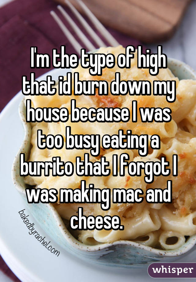 I'm the type of high that id burn down my house because I was too busy eating a burrito that I forgot I was making mac and cheese. 