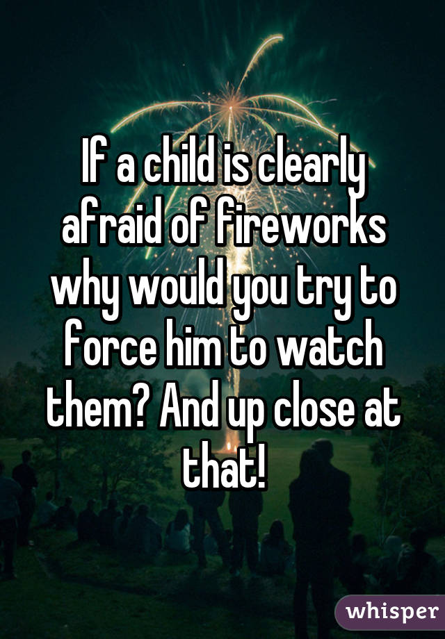 If a child is clearly afraid of fireworks why would you try to force him to watch them? And up close at that!