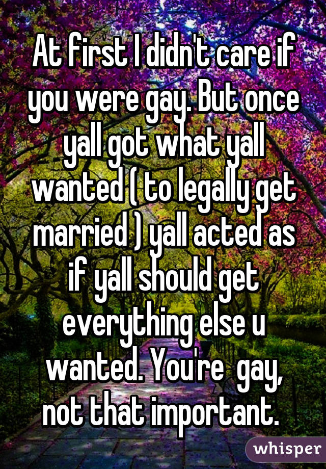 At first I didn't care if you were gay. But once yall got what yall wanted ( to legally get married ) yall acted as if yall should get everything else u wanted. You're  gay, not that important. 