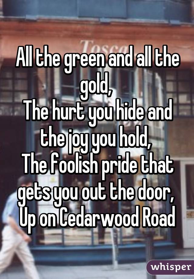 All the green and all the gold, 
The hurt you hide and the joy you hold, 
The foolish pride that gets you out the door, 
Up on Cedarwood Road