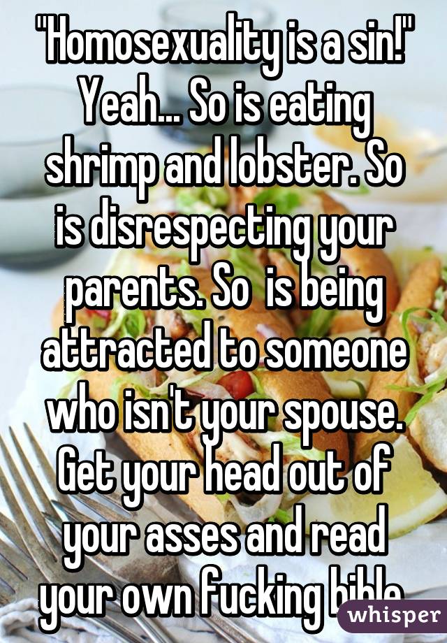 "Homosexuality is a sin!"
Yeah... So is eating shrimp and lobster. So is disrespecting your parents. So  is being attracted to someone who isn't your spouse. Get your head out of your asses and read your own fucking bible.