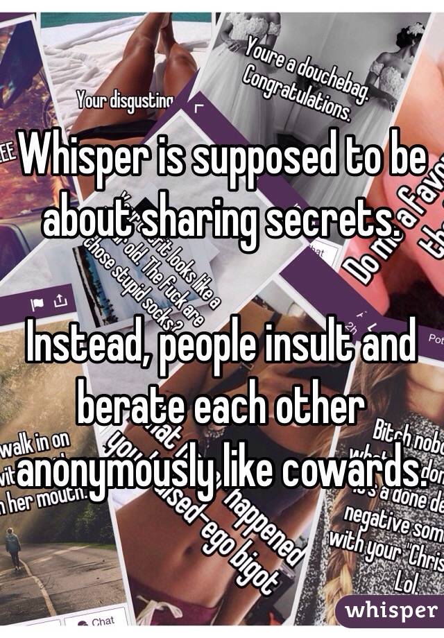 Whisper is supposed to be about sharing secrets. 

Instead, people insult and berate each other anonymously like cowards.