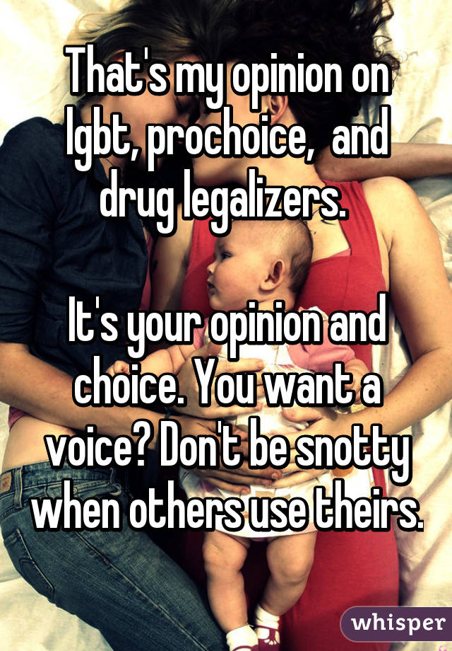 That's my opinion on lgbt, prochoice,  and drug legalizers. 

It's your opinion and choice. You want a voice? Don't be snotty when others use theirs. 