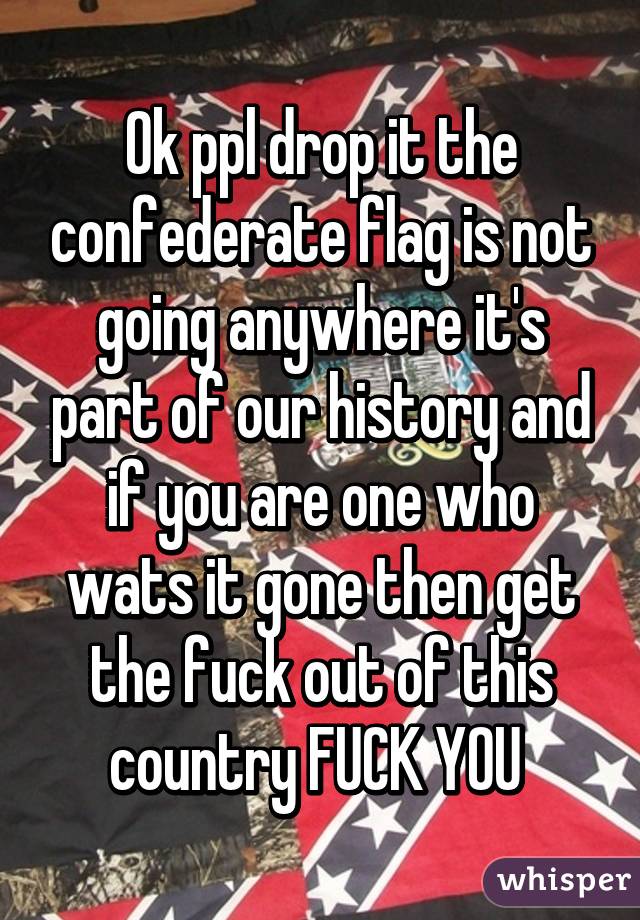 Ok ppl drop it the confederate flag is not going anywhere it's part of our history and if you are one who wats it gone then get the fuck out of this country FUCK YOU 